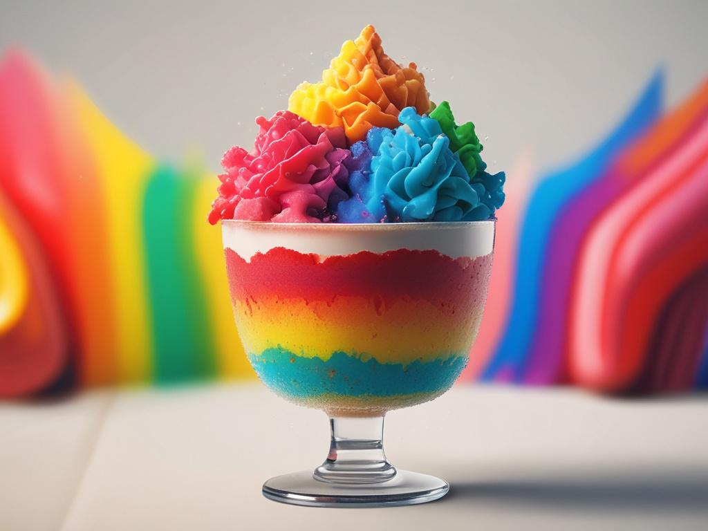 A striking image of a Rainbow Delight Shave Ice in a clear, tall cup, showcasing layers of bright red, green, blue, and yellow syrups. The ice should look fluffy and inviting, with a cheerful background of a sunny park setting. Include elements like a colorful straw and a few scattered fruit slices around the cup to enhance the festive appearance. The image should be photorealistic, emphasizing vibrant colors and clean composition.