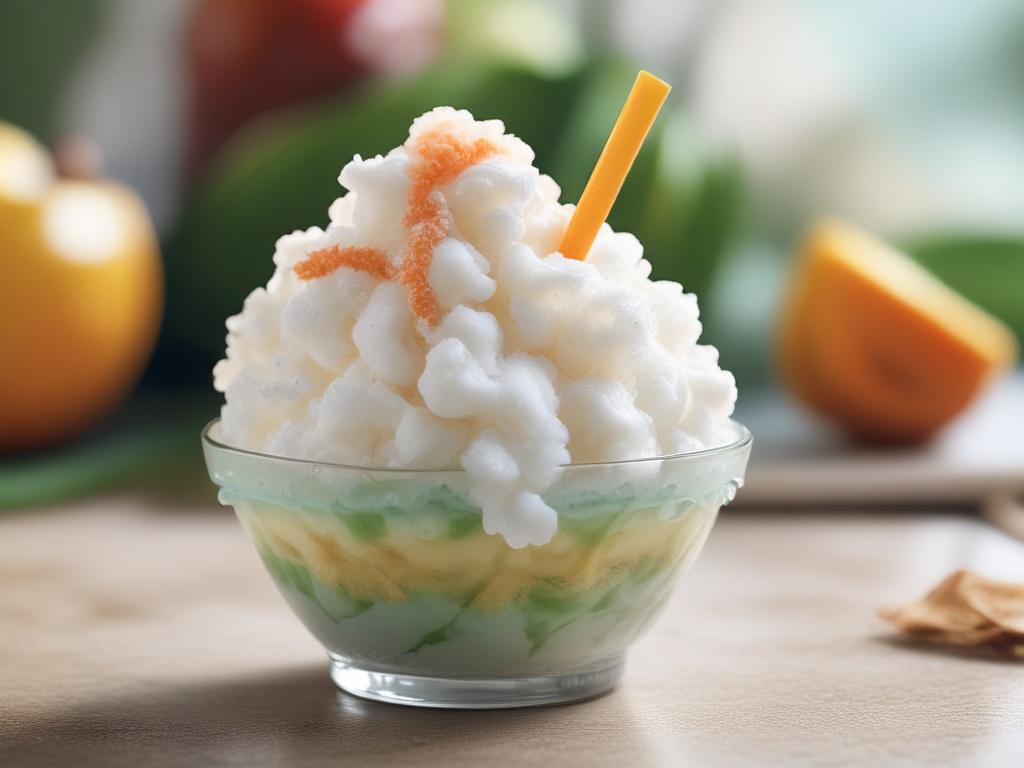 An enticing image of Creamy Coconut Shave Ice in a clear cup, drizzled with creamy white syrup and topped with toasted coconut flakes. The background should feature a sunny beach scene with soft sand and gentle waves, capturing the essence of a tropical getaway. The composition should be clean and focused, highlighting the texture of the shave ice and the details of the coconut toppings, with vibrant colors that pop.