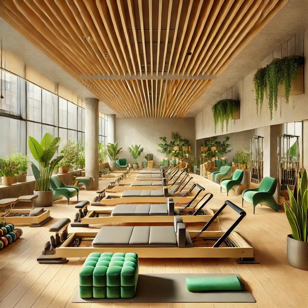 dall·e 2024-10-17 20.21.05 - a spacious pilates studio with bold, beige, and earthy colors, enhanced with green furniture. the studio includes a variety of pilates reformers and s.jpeg