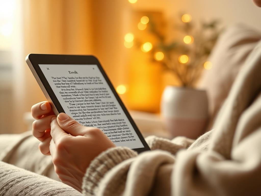 A realistic high-resolution photo of a person reading an Ebook on a tablet in a cozy, serene atmosphere. The background features soft lighting with golden hues, showcasing a comfortable setting with a warm cup of coffee nearby. The focus is on the person engaged in reading, reflecting a sense of learning and inspiration.