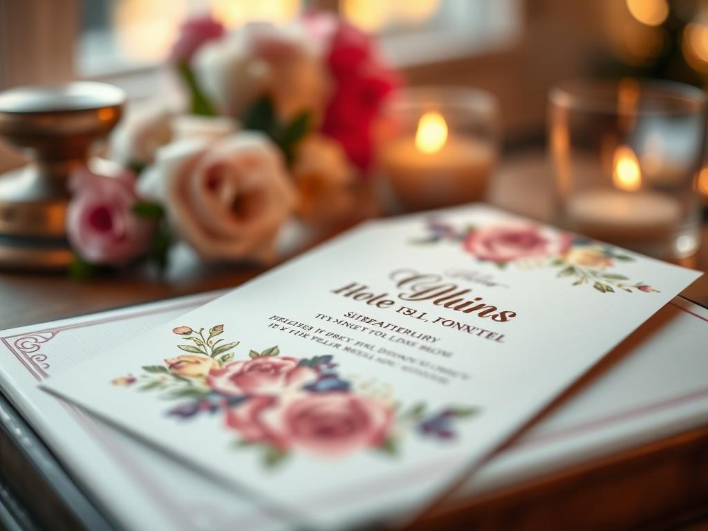 A beautifully designed custom digital invitation showcasing vibrant colors and elegant typography. The invitation features floral elements and a chic layout, perfect for weddings or special events. The background is softly blurred to enhance the focus on the invitation design. The scene is warm and inviting, creating a sense of celebration and joy, shot with a 45mm f/1.2 lens.