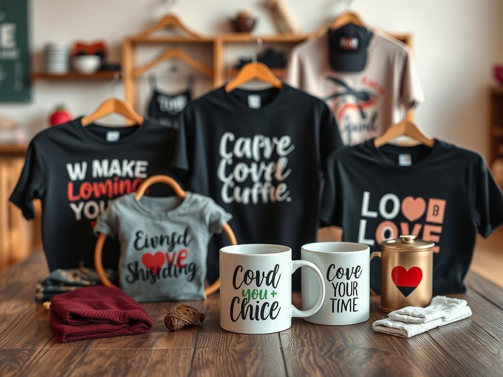 A selection of custom merchandise featuring t-shirts, mugs, and accessories. Each item displays unique designs that reflect personal styles and special occasions. The products are arranged aesthetically on a wooden table, with a soft, blurred background that emphasizes the items. The lighting is bright and cheerful, inviting viewers to explore the variety of custom options available. Shot with a 45mm f/1.2 lens.