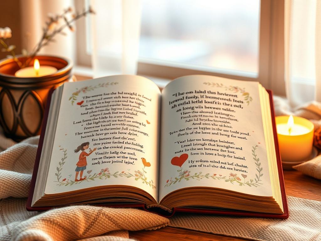 A high-resolution image of an open ebook with heartwarming illustrations and key relationship quotes. The background should be inviting, featuring warm tones and soft lighting, creating a cozy reading atmosphere.