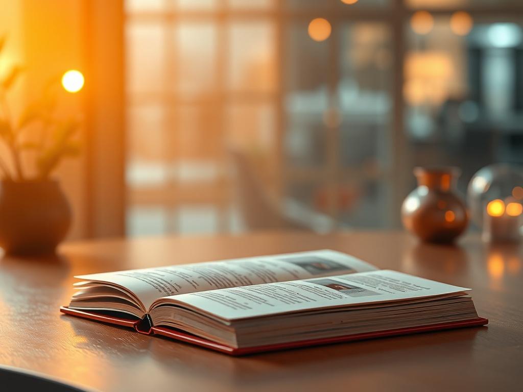 A high-resolution image of an ebook showcasing futuristic marketing graphics and AI elements. The background should have a modern touch, with cozy golden hues and soft lighting to reflect an engaging reading experience.