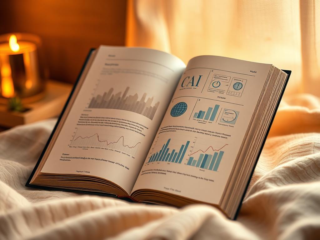 A high-resolution image of an open ebook featuring a modern, sleek design, with pages displaying graphs and AI-related graphics. The background should be soft and cozy, with golden hues and soft lighting to create a serene atmosphere.