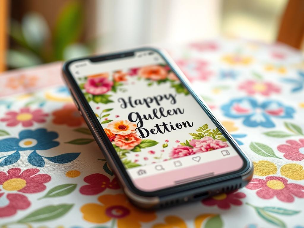 A hyper-realistic image of a smartphone showcasing vibrant social media graphics. The screen displays a beautifully designed post featuring floral elements and celebratory text. The phone is resting on a colorful tablecloth, with soft natural light casting a warm glow. The background is slightly blurred to focus on the phone.