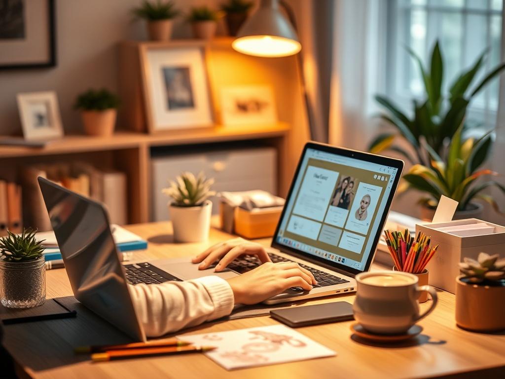 A serene workspace featuring a creative professional designing digital invitations