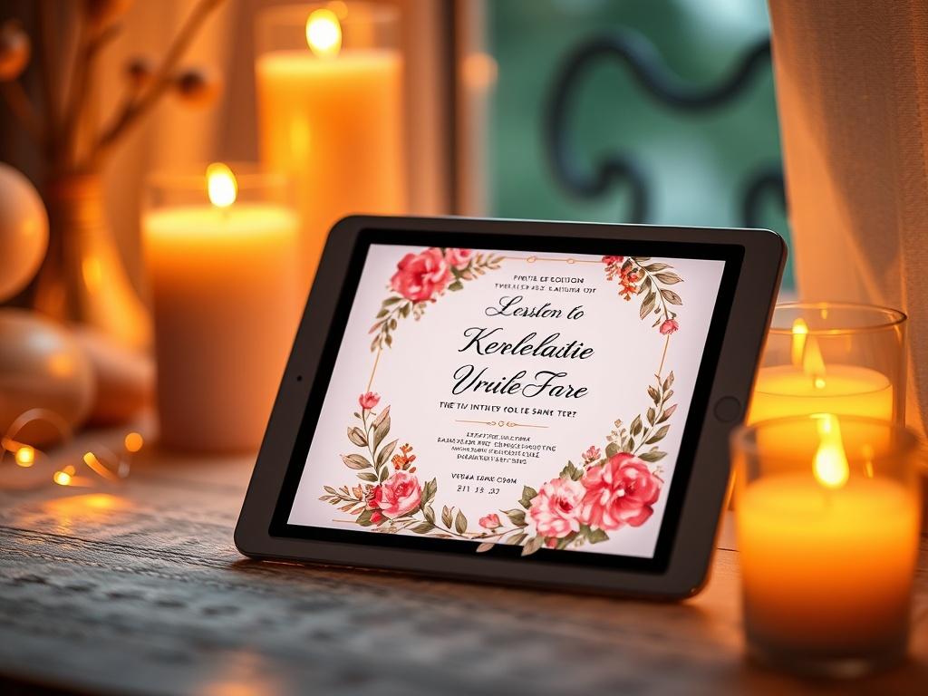 A beautifully designed digital invitation displayed on a tablet, surrounded