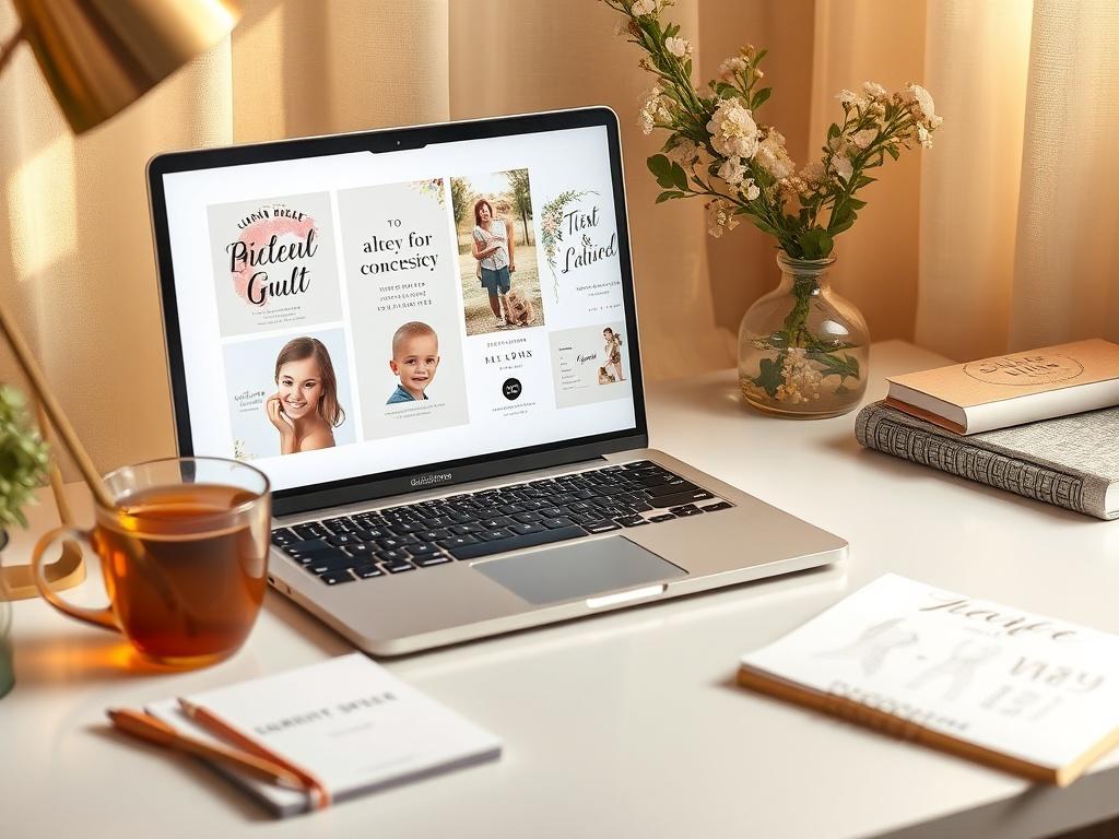 A cozy and inviting workspace featuring a beautifully designed desk with a laptop displaying customizable unique templates for digital invitations and announcements. The background has soft golden hues and gentle lighting, creating a serene atmosphere. A warm cup of tea sits beside the laptop, and a notepad with creative sketches is visible, reflecting a sense of creativity and personalization. The overall composition is simple and clear, focusing on the desk as the main subject.
