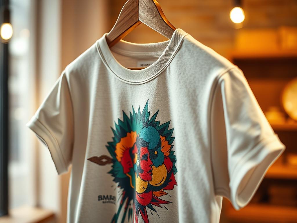 A realistic high-resolution close-up shot of a stylish t-shirt design hanging on a wooden hanger. The t-shirt features a vibrant, artistic graphic that captures attention. The background is softly blurred to emphasize the t-shirt, with warm lighting to enhance the colors. The fabric should look soft and textured, showcasing the quality of the material. The overall composition is simple and clear, focusing solely on the t-shirt.
