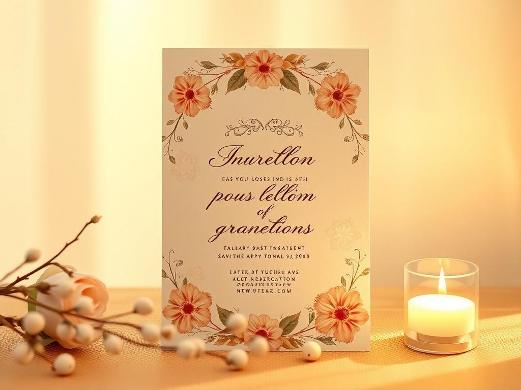 A beautifully designed custom digital invitation with floral elements, soft pastel colors, and elegant typography. The invitation should have a personal touch, featuring a name elegantly displayed at the top. The background is a gentle gradient, enhancing the inviting feel. The scene should be cozy and welcoming, featuring subtle elements like decorative accents around the border, creating a serene atmosphere. The lighting should be warm and soft, emphasizing the intricate details of the invitation.