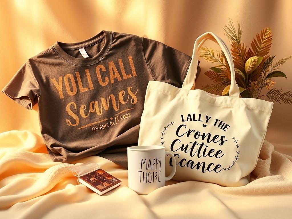 An array of custom merchandise items displayed together, including a t-shirt, mug, and tote bag. Each item features unique, personalized designs that reflect different themes and occasions. The products are set on a soft, neutral background that complements the colors of the merchandise. The lighting is warm and inviting, showcasing the quality and craftsmanship of the items. The arrangement is visually appealing, drawing attention to the creativity and personalization that Dizzies Treasures offers.