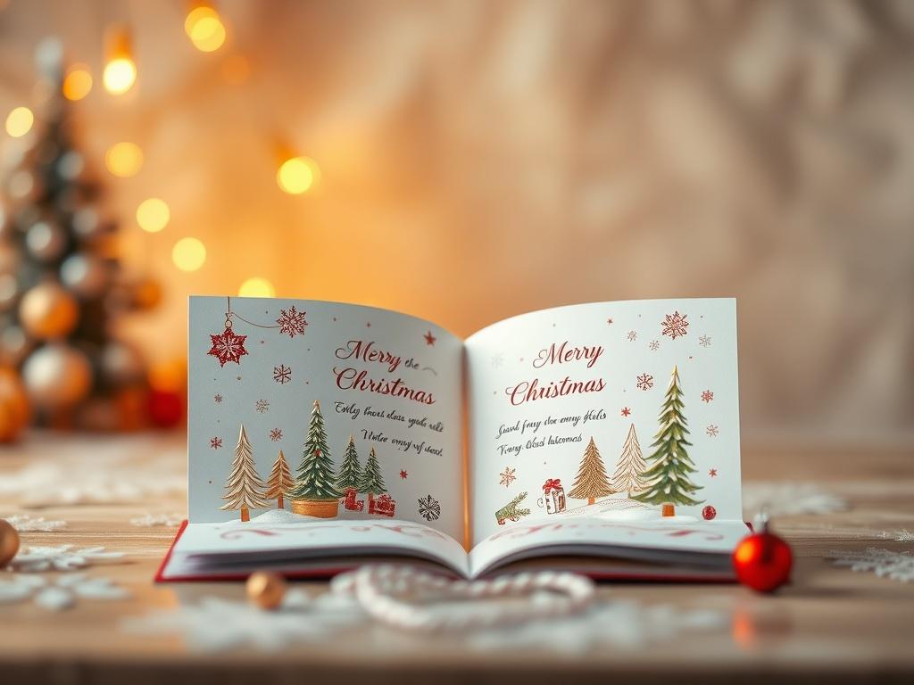 A beautifully designed Christmas card, featuring festive elements such as snowflakes, Christmas trees, and ornaments. The card should be open, displaying a personalized message inside, with a cozy, golden hue illuminating the scene. The background should be softly blurred to emphasize the card as the main subject, creating a warm and inviting atmosphere.