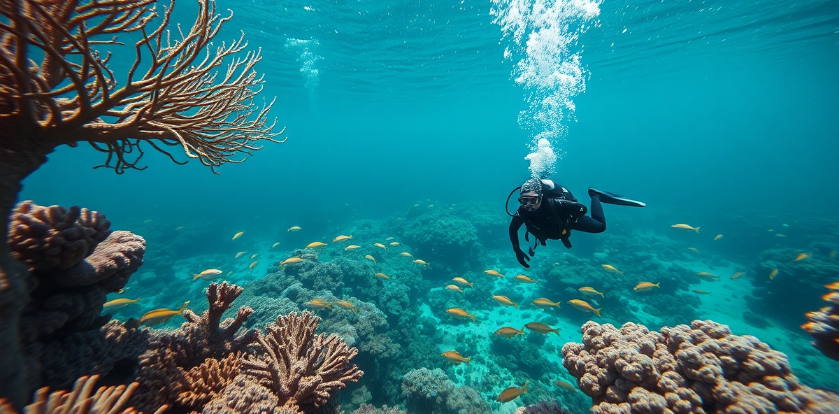 Diver exploring the world's oldest living coral reef at Cabo Pulmo with vibrant coral formations
