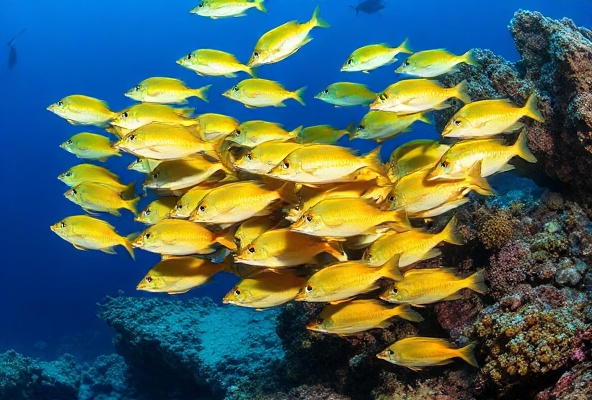 School of yellow snapper and grouper swimming through coral formations at Cabo Pulmo