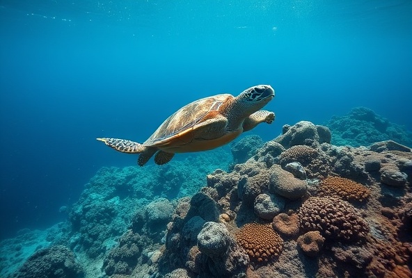 Sea turtle gliding gracefully over the coral reef at Cabo Pulmo
