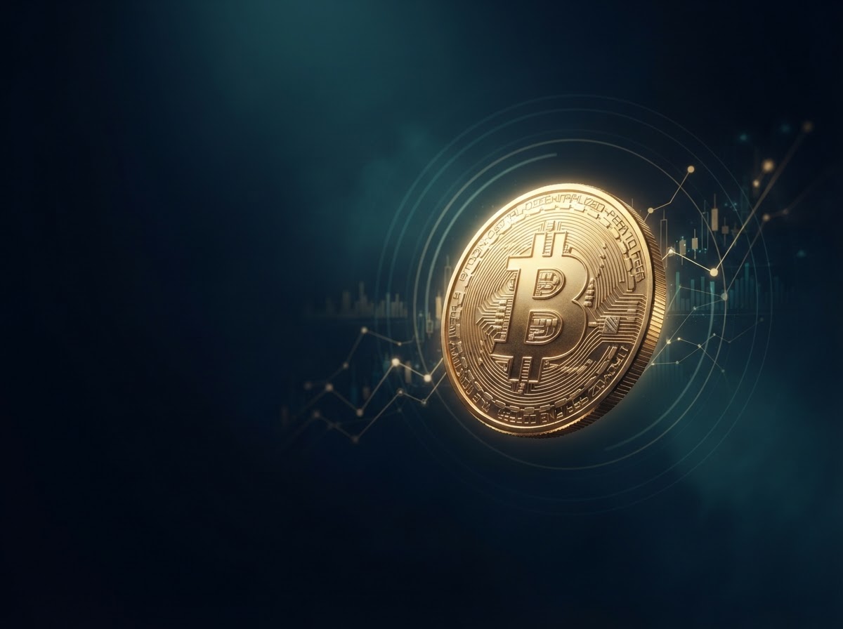 A luminous gold Bitcoin against a deep blue field of subtle market lines