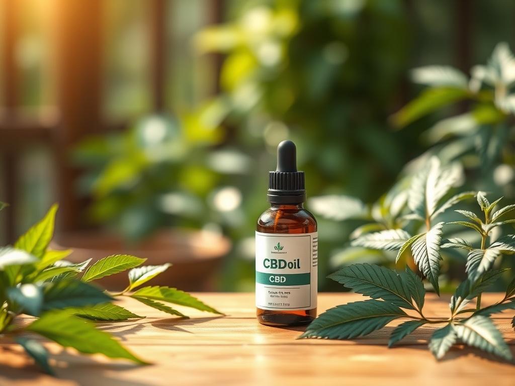 A serene and inviting scene featuring a bottle of CBD