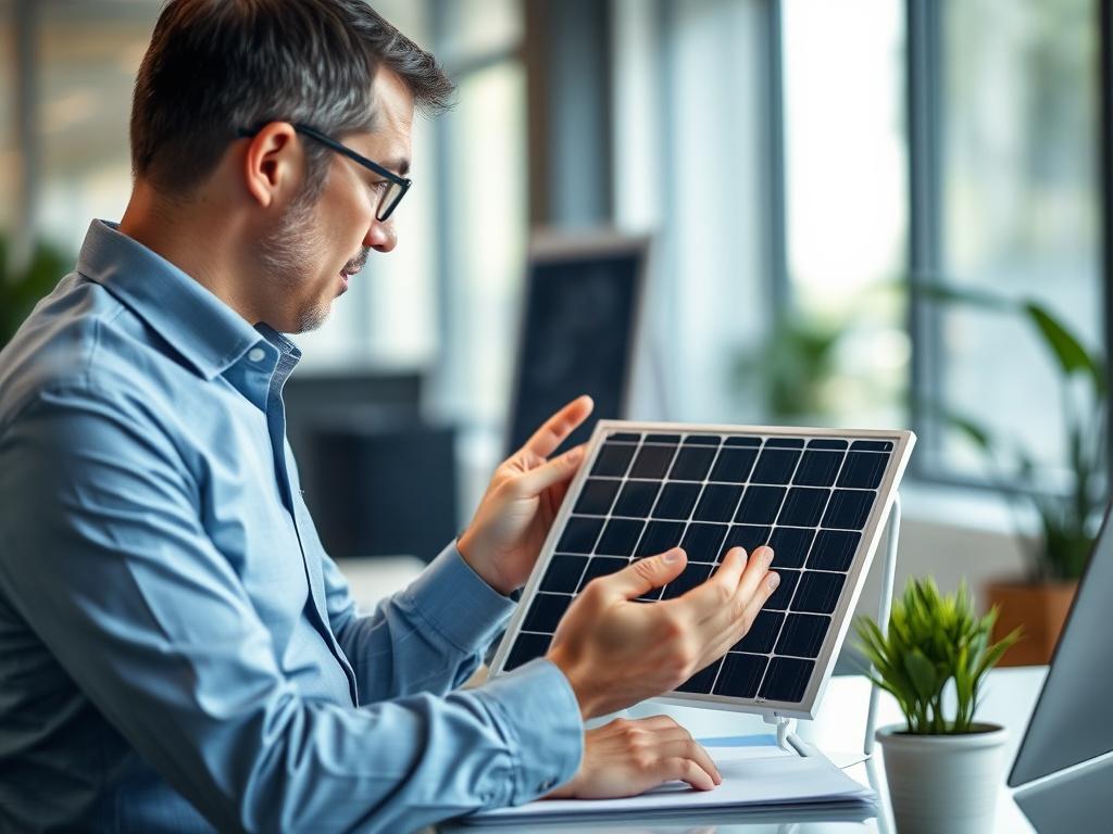 A close-up shot of a professional consultant discussing energy solutions with a client in an office setting. The consultant is showing a solar panel model and explaining its benefits. The background is softly blurred, emphasizing the subjects. The color scheme reflects shades of green and natural lighting, creating an inviting and professional atmosphere.
