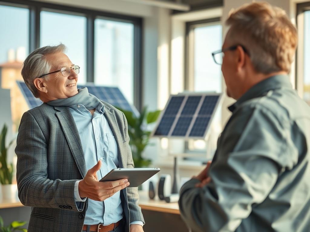 Create a highly detailed, realistic high-resolution photo that represents the concept of "Comprendre le Courtage Énergétique." The composition should feature a single subject: a confident energy broker in a modern office environment, engaged in a thoughtful discussion with a client. The broker, dressed in professional attire, should be depicted as being mid-conversation, gesturing with one hand while holding a tablet in the other. 

In the background, include elements that suggest a clean energy theme, such