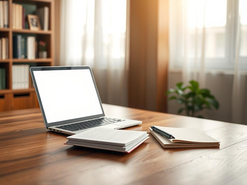 **AI Image Generation Prompt:**

Create a realistic high-resolution photo capturing the essence of a dedicated workspace. The composition should focus on a stylish wooden desk positioned in a well-lit, modern office environment. Centered on the desk is a sleek laptop open to a blank document, symbolizing the writing process. Beside the laptop, place a neatly organized notepad with a pen resting on top, suggesting the act of brainstorming ideas. 

In the background, incorporate a softly blurred bookshelf fil