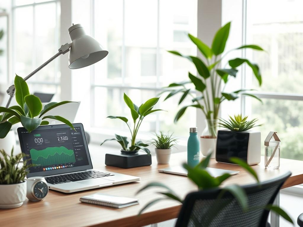 Create a highly detailed, realistic high-resolution photo that captures the essence of the blog titled "Optimiser votre consommation énergétique." The composition should be simple and clear, focusing on a single subject: an energy-efficient office workspace. 

The subject should be a modern desk equipped with energy-efficient devices, such as a laptop with an energy consumption monitor displayed on the screen, an LED desk lamp, and a smart thermostat. Surround the workspace with plants for a touch of nature