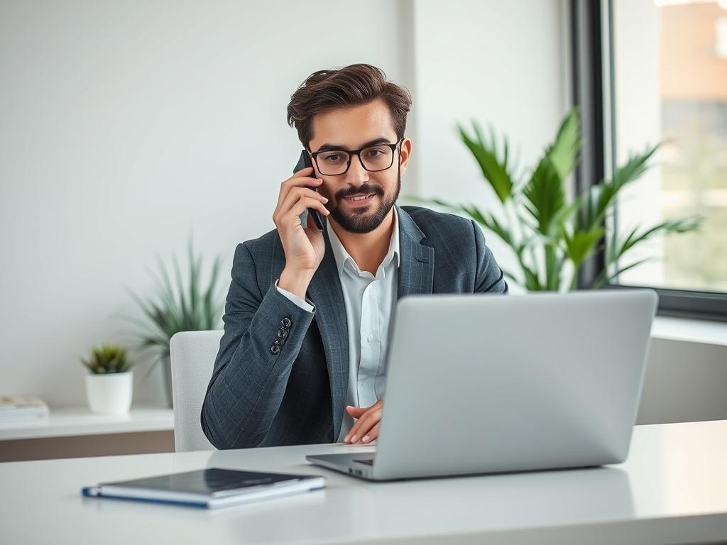 **Prompt for AI Image Generation:**

Create a realistic high-resolution photo that visually represents the concept of energy brokerage. The composition should be simple and clear, featuring a single subject: a confident energy broker sitting at a modern desk with a laptop open. The broker is focused and engaged in a discussion over the phone, wearing a smart business attire. The background should be a minimalist office environment, featuring a few decorative plants to add a touch of warmth, and a large wind