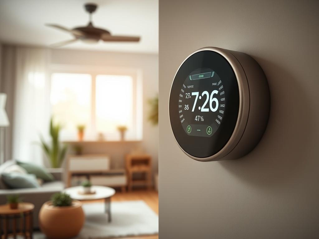 Create a realistic high-resolution photo that visually represents the blog title "Optimisez votre consommation d'énergie." The image should feature a single subject: a modern energy-efficient smart thermostat displayed on a sleek wall in a contemporary home setting. The thermostat should be prominently positioned in the center of the frame, showcasing its digital screen lit up with energy consumption statistics. 

In the background, include a warm and inviting living room with soft, natural lighting filtering through a large window. The décor should include energy-efficient appliances, plants, and light-colored walls to emphasize a cozy and eco-friendly atmosphere. 

Ensure the focus is sharp on the thermostat, capturing details such as its smooth surface and digital interface, while the background should be softly blurred to maintain a clear emphasis on the subject. The color palette should be harmonious, predominantly featuring greens and earth tones, to reflect the theme of energy efficiency and conservation.

The overall composition should be simple and clear, without any text or abstract shapes, allowing the viewer to understand the concept of energy optimization effortlessly. This image should evoke the feeling of comfort and financial savings, aligning with the blog's message: "Découvrez comment réduire vos coûts énergétiques."