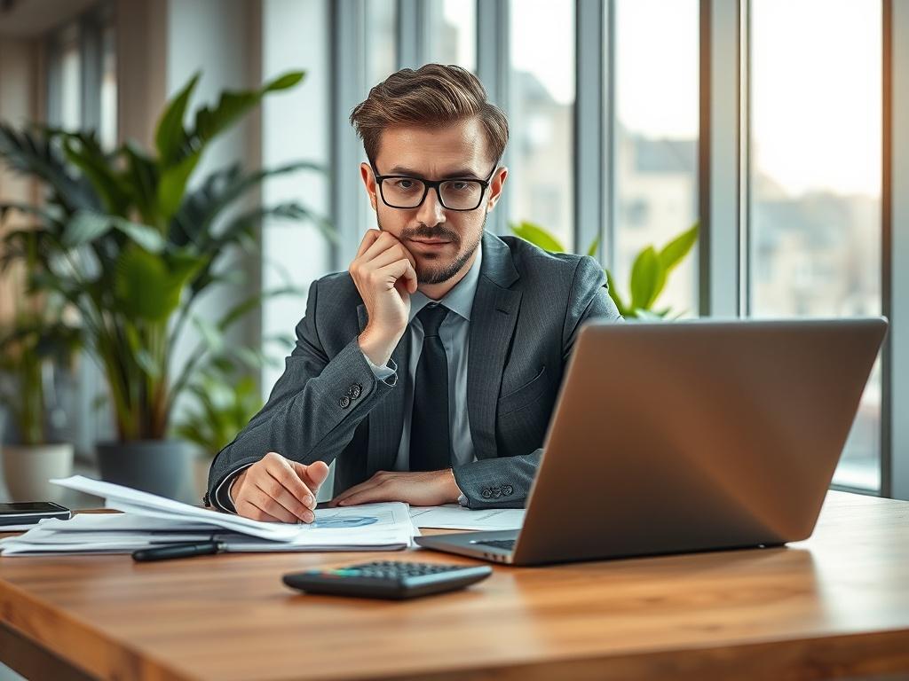 Create a realistic high-resolution photo under the title "Comment le courtage énergétique peut réduire vos coûts." The composition should focus on a single subject: a confident business professional, dressed in business attire, analyzing energy bills with a thoughtful expression. The subject should sit at a modern desk with a laptop open in front of them, displaying graphs and energy usage data. Surround the subject with neatly arranged documents and a calculator to emphasize the theme of financial analysis