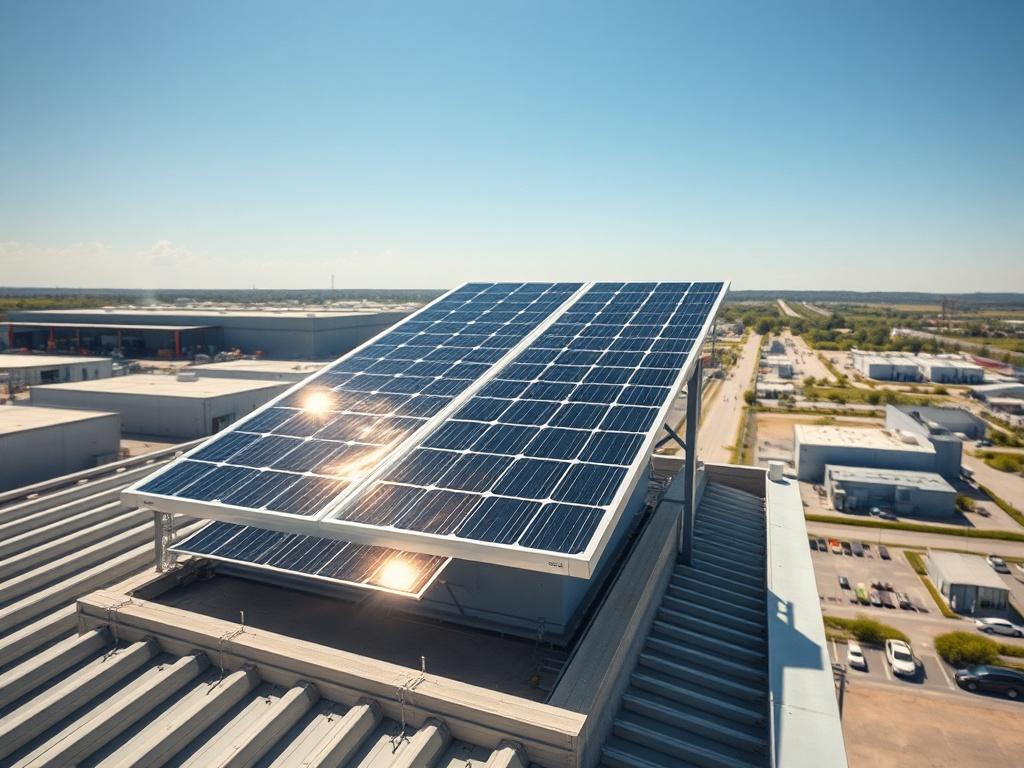 **Prompt:** Create a highly detailed, realistic high-resolution photograph that captures the essence of an industrial setting showcasing the advantages of photovoltaic systems. The composition should be simple and clear, featuring a single subject: a sleek, modern photovoltaic panel installed on the roof of a large industrial facility. The panel should glisten under bright sunlight, emphasizing its efficiency and innovation. 

In the background, include a sprawling industrial landscape with warehouses, mach