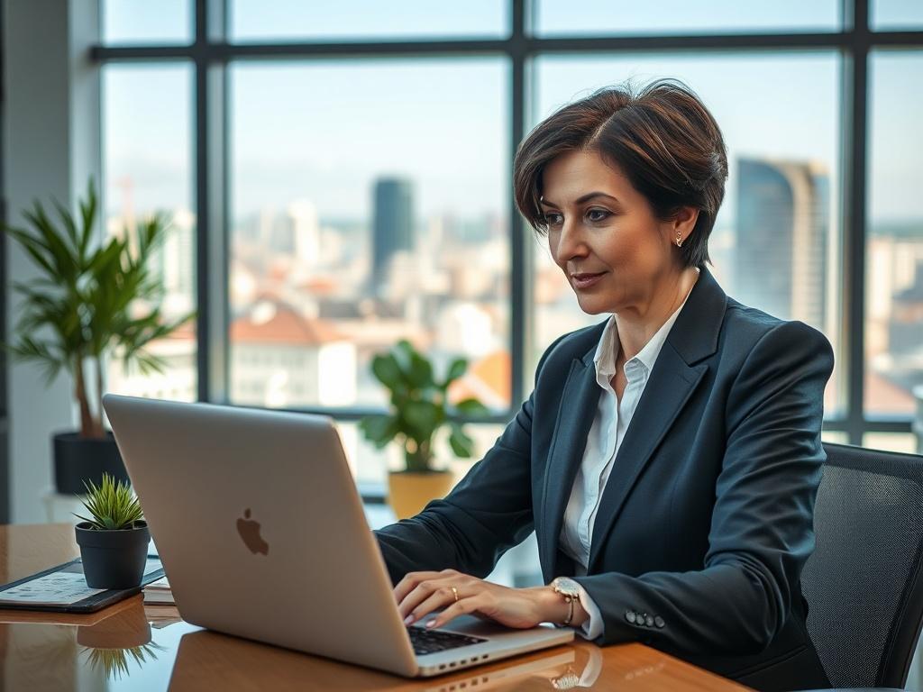 **Prompt for AI Image Generator:**

Create a realistic high-resolution photograph that visually represents the theme of "Guide Pratique sur le Courtage Énergétique." The composition should be simple and clear, featuring a single subject—a professional energy broker in a business environment. The broker should be a middle-aged woman with short, dark hair, dressed in a smart business suit, confidently engaging in a conversation with a client over a laptop, highlighting the process of energy brokerage.

In the