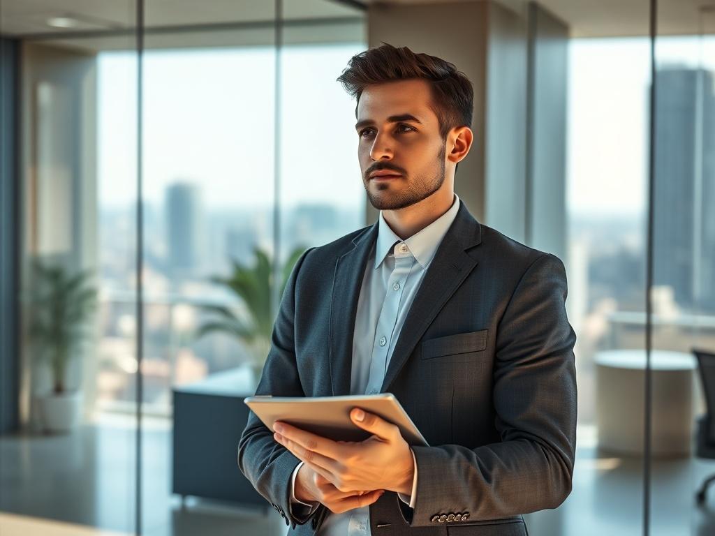 **Prompt for AI Image Generator:**

Create a realistic high-resolution photo focusing on a business professional standing in an office environment, engaged in a thoughtful discussion about the Décret Tertiaire 2025. The subject should be a confident individual, wearing formal business attire, holding a document or tablet that symbolizes business compliance and regulations. The background should feature a modern office with glass walls, natural light streaming in, and a cityscape visible outside, conveying a