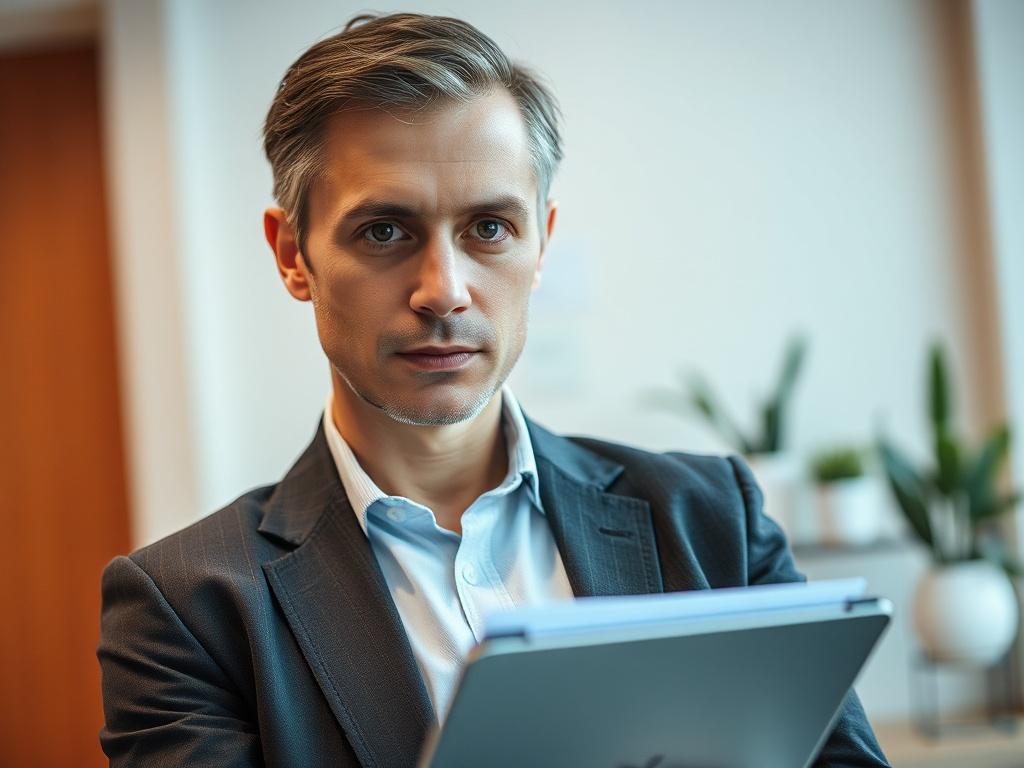 Create a realistic high-resolution photo that visually represents the topic "Étapes pour Assurer la Conformité aux Réglementations Énergétiques." Focus on a single subject: a professional consultant in energy compliance. 

**Composition Details:**
- The consultant should be positioned in the center of the frame, prominently displaying authority and expertise.
- Use a close-up shot to capture the consultant's facial expression, conveying focus and determination. 

**Subject Matter:**
- The consultant should 