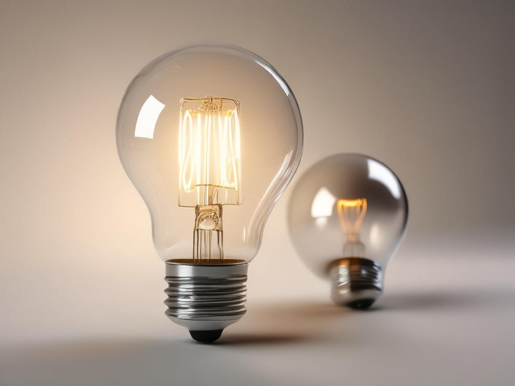 Create a realistic high-resolution photo featuring a single subject: a modern energy-efficient light bulb emitting a soft, warm glow. The light bulb should be placed at the center of the frame to emphasize its importance, showcasing its sleek design and advanced features. Use a shallow depth of field to blur the background, which should be a simple, clean workspace with soft, neutral colors like white and light gray to keep the focus on the light bulb. The light bulb should have a slight reflection on a pol