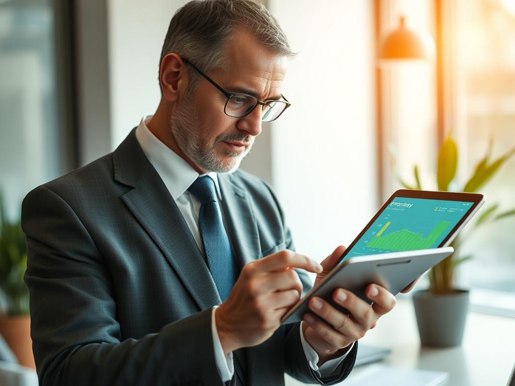 Create a realistic high-resolution photo that reflects the theme of the blog titled "Stratégies pour optimiser votre consommation énergétique." The composition should feature a close-up shot of a business professional, a middle-aged man in a neatly tailored suit, intently examining a digital tablet displaying energy consumption data. 

The subject should be positioned slightly off-center to the right, allowing for a clean focus on both the individual and the device. His expression should convey determinatio