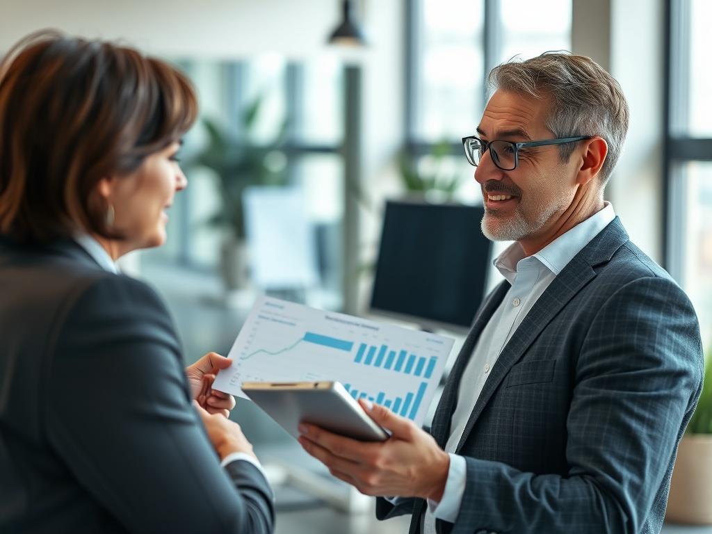 A close-up shot of a professional energy broker discussing energy solutions with a client in an office setting. The broker is showing energy charts on a tablet. The background is a modern office with natural lighting, and the color scheme incorporates rgb(50, 170, 39). The focus is on the expressions of the individuals, highlighting professionalism and trust.