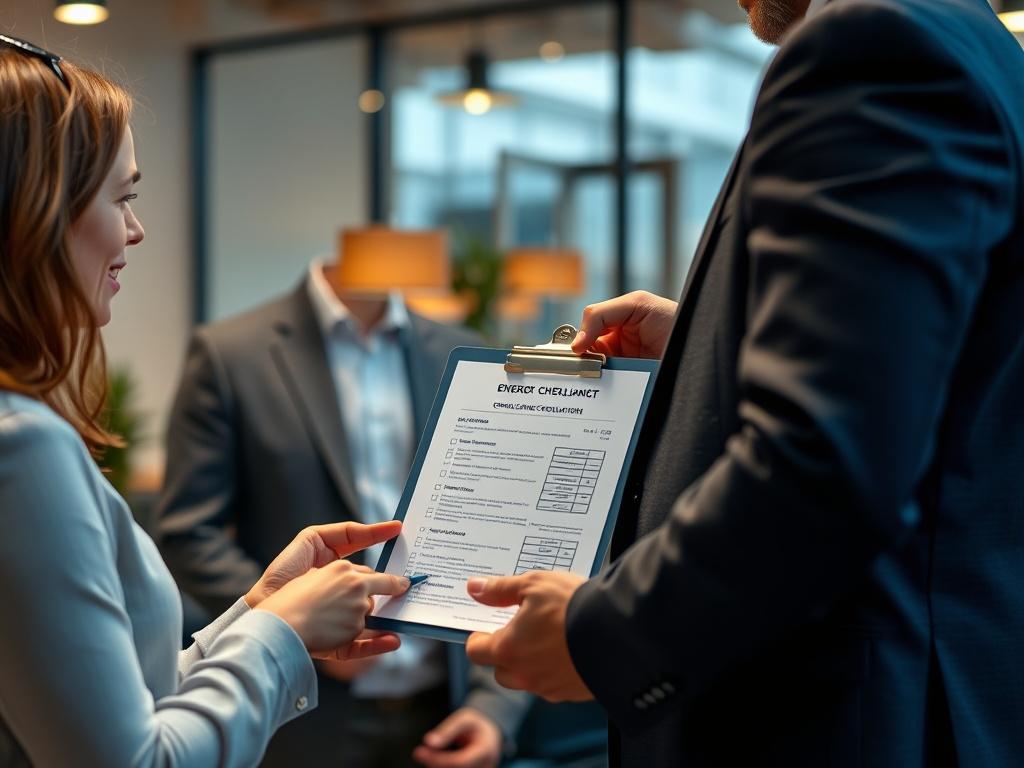A focused close-up shot of a professional consultant helping a client understand energy compliance regulations. The consultant is pointing at a compliance checklist on a clipboard. The office setting is modern, with a warm atmosphere. The color rgb(50, 170, 39) is included in the décor elements.