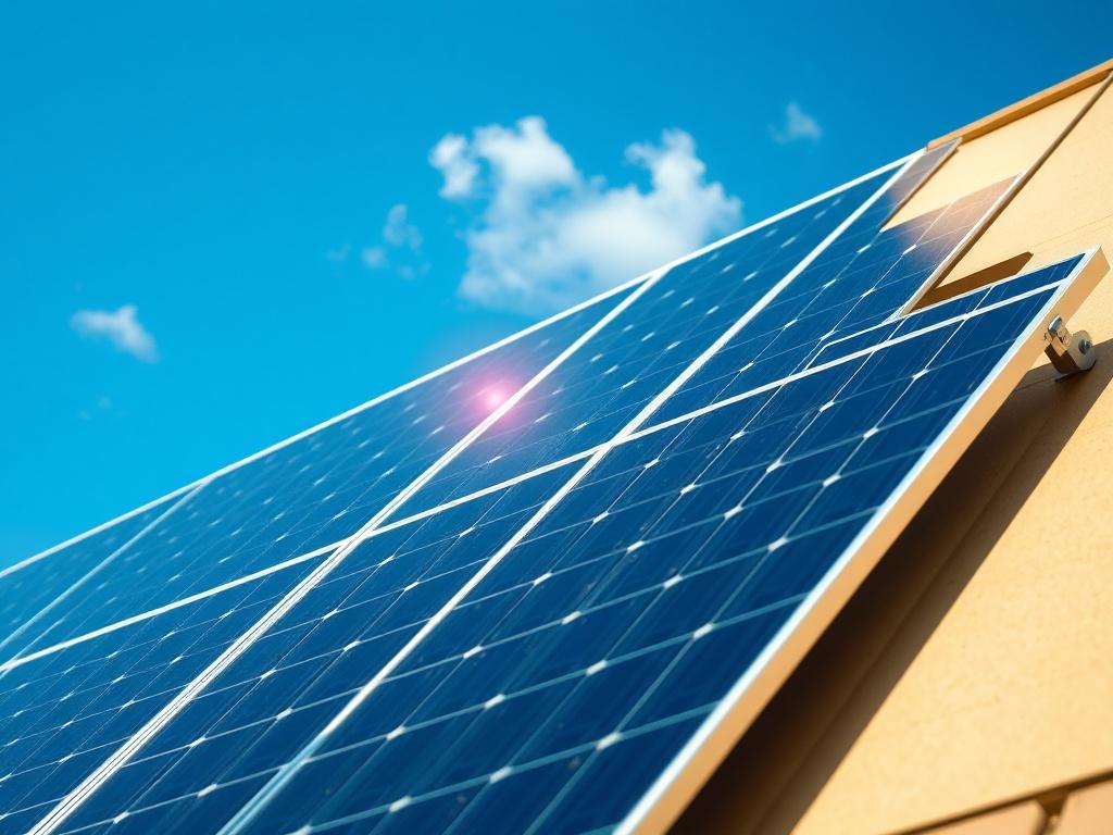 A hyper-realistic close-up shot of solar panels installed on a commercial building. The sunlight reflects off the panels, showcasing their sleek design. The background shows a clear blue sky and a few clouds, emphasizing the clean energy theme. The rgb(50, 170, 39) color scheme is subtly incorporated into the image.