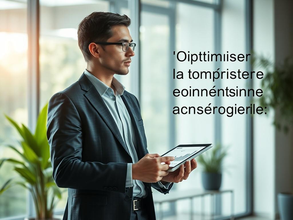 **Prompt for AI Image Generator:**

Create a highly detailed and realistic high-resolution photo that illustrates the theme "Optimiser la consommation énergétique de votre entreprise." The composition should be simple and clear, featuring a single subject: a professional-looking businessperson (either male or female) in smart casual attire. This person should be standing thoughtfully in front of a large window in a modern office setting, with a focus on a digital tablet in their hands, showcasing energy con