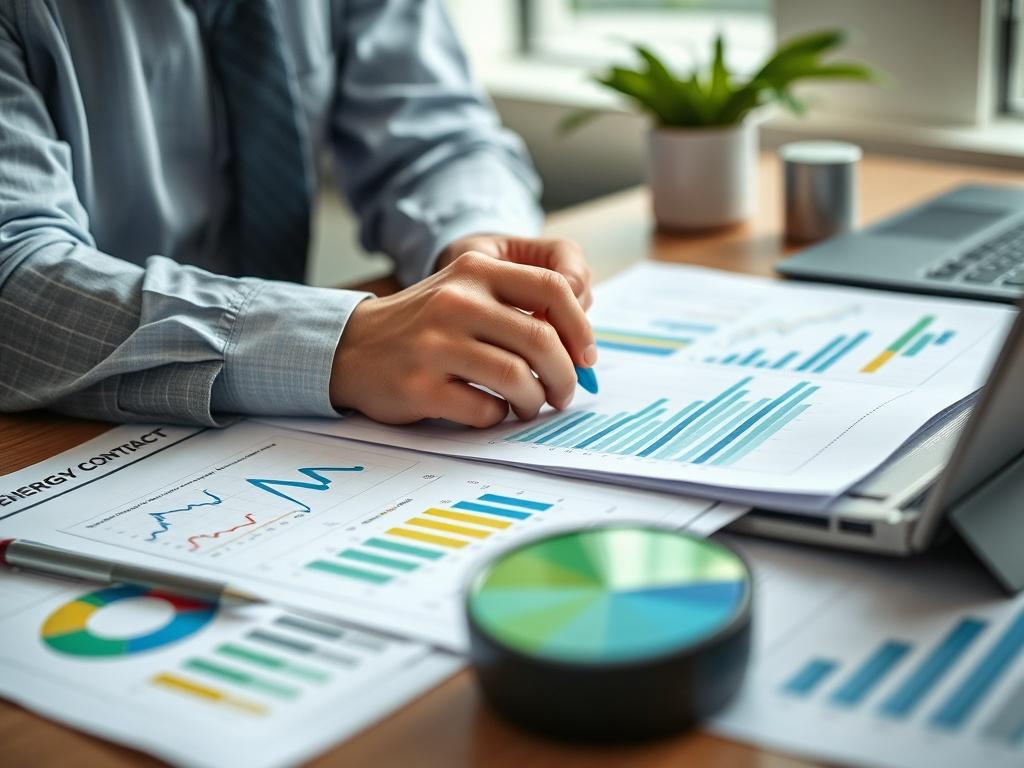 A close-up shot of a business professional analyzing energy contracts and market trends, focusing on graphs and documents spread on a desk, with a green color accent in the background.