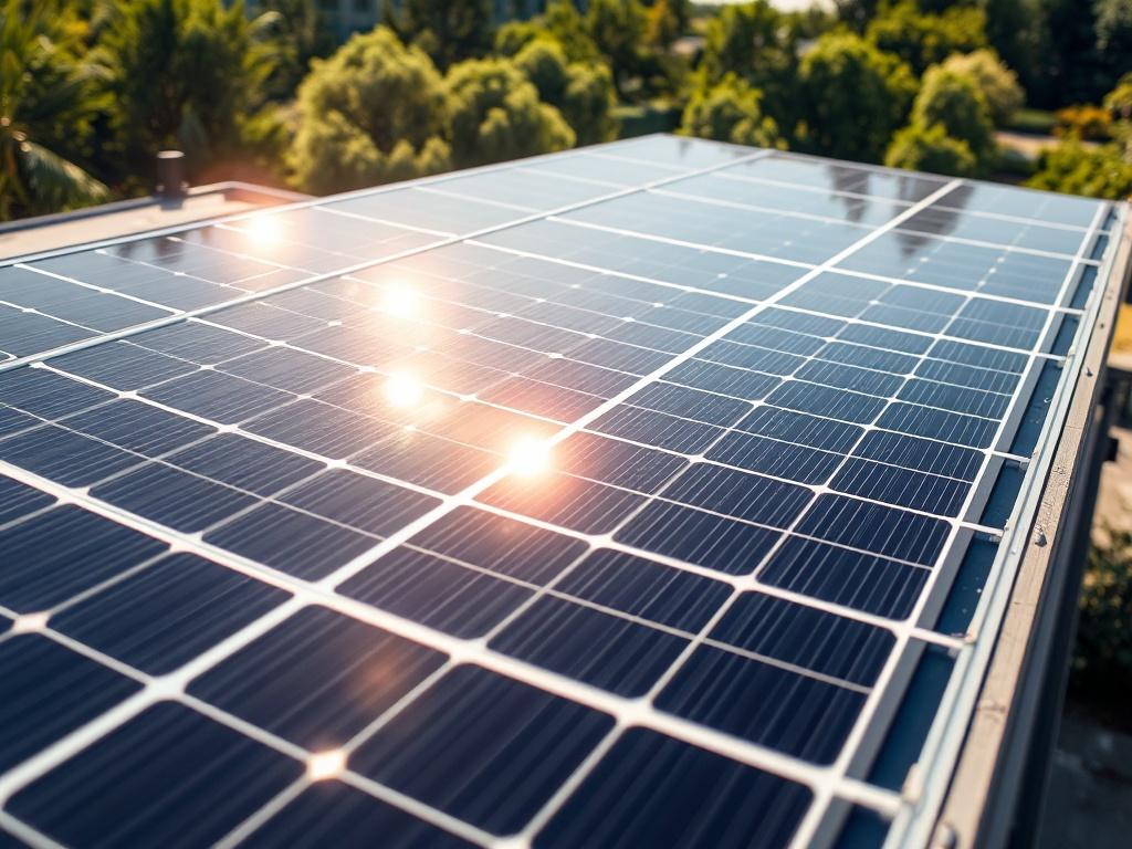 A close-up shot of solar panels installed on a commercial building, showcasing sunlight reflecting off the panels, with an emphasis on sustainable energy and greenery in the background.