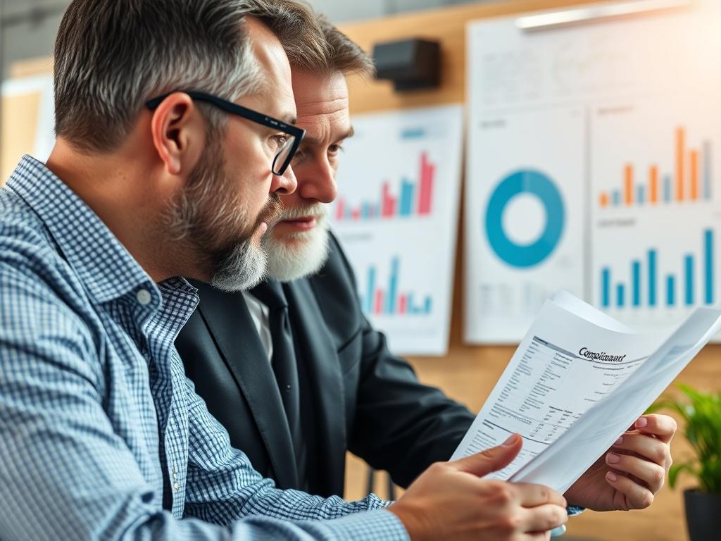 A close-up shot of a consultant reviewing compliance documents with a business owner, featuring charts and compliance standards in the background, highlighting professionalism and energy efficiency.