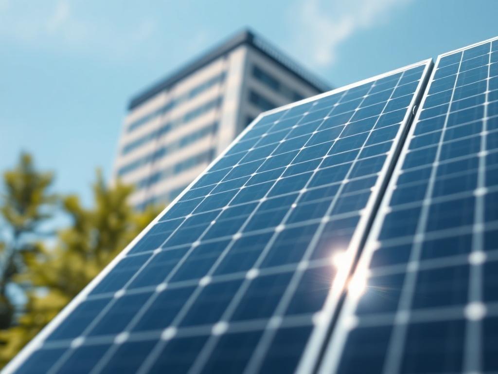 **Prompt for AI Image Generation:**

Create a hyper-realistic, high-resolution photograph focused on a solar panel installation at a modern corporate building. The image should highlight a single, well-lit solar panel, glistening under clear blue skies, with the panel's intricate details and textures in close-up, showcasing its sleek design and innovative technology. The background should be a blurred view of the corporate building, surrounded by greenery, symbolizing the integration of sustainable energy w