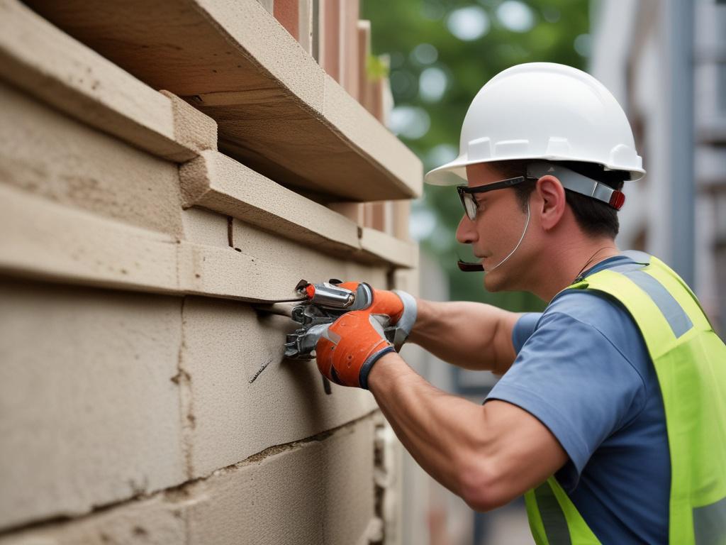 A hyper-realistic close-up photo of a contractor installing seismic retrofit hardware on a residential foundation. Shot with a 45mm f/1.2 lens style, focusing on the hands securing steel brackets with tools, with a subtle blurred background of a residential basement, compatible with rgb(8, 8, 8) primary color.
