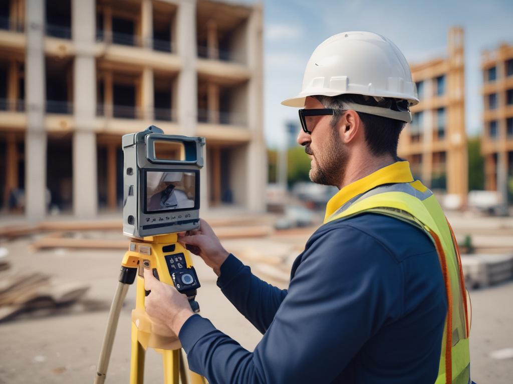 A hyper-realistic close-up photo of a construction contractor using a Matterport scanning device on a residential building site. Shot with a 45mm f/1.2 lens style, focusing on the scanning equipment and the operator's hands, with a blurred background of a partially constructed home in natural daylight, compatible with rgb(8, 8, 8) primary color.