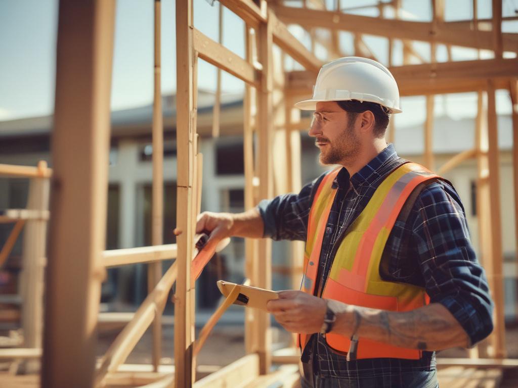 A hyper-realistic close-up photo of a contractor measuring and inspecting the framing of an ADU under construction. Shot with a 45mm f/1.2 lens style, highlighting the detail of the wooden frame and the contractor’s focused expression, with a softly blurred construction site background, compatible with rgb(8, 8, 8) primary color.