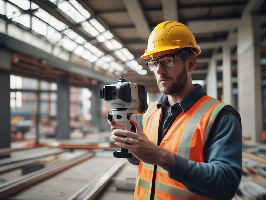 A hyper-realistic close-up shot of a construction professional using a high-tech Matterport scanning device inside a modern building under construction. The image is shot with a 45mm f/1.2 lens style, focusing sharply on the scanning device and the operator's hands, with a softly blurred construction background. The dominant colors are deep neutral tones with a subtle rgb(8, 8, 8) overlay, highlighting the technology and craftsmanship.