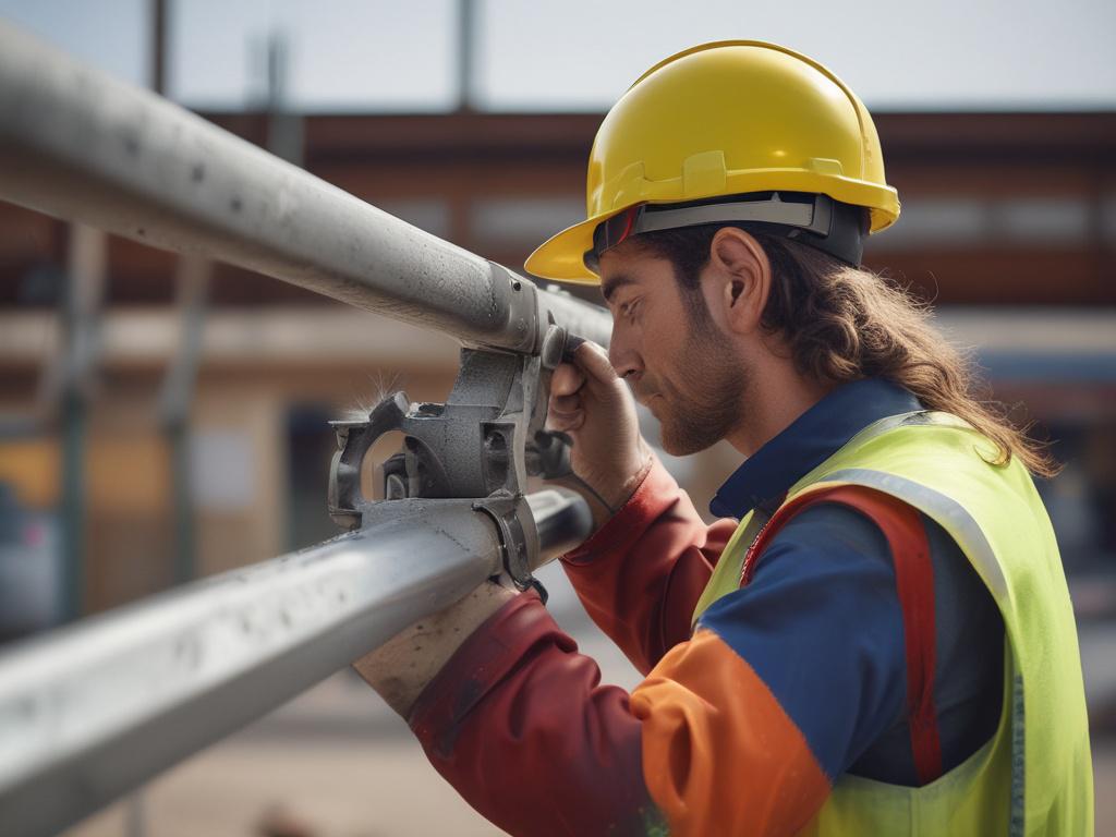 A hyper-realistic close-up shot of a construction professional inspecting a reinforced steel beam installation in a seismic retrofit project. Captured with a 45mm f/1.2 lens style, the image focuses on the detailed connection points of the steel beam with hands and tools in view. The background shows a softly blurred construction site with a muted color scheme enhanced by rgb(8, 8, 8) to emphasize structural strength and precision.