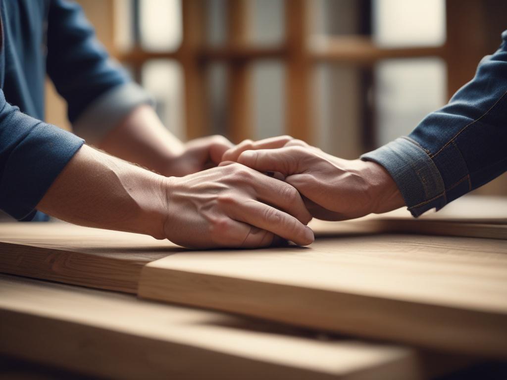 A hyper-realistic close-up image of a craftsman’s hands installing a wooden frame in an ADU under construction. Shot with a 45mm f/1.2 lens style, the image captures the texture of the wood and the focus on the hands working meticulously. The background is softly blurred construction materials and tools, with a color palette that includes warm wood tones accented by rgb(8, 8, 8) for depth and realism.