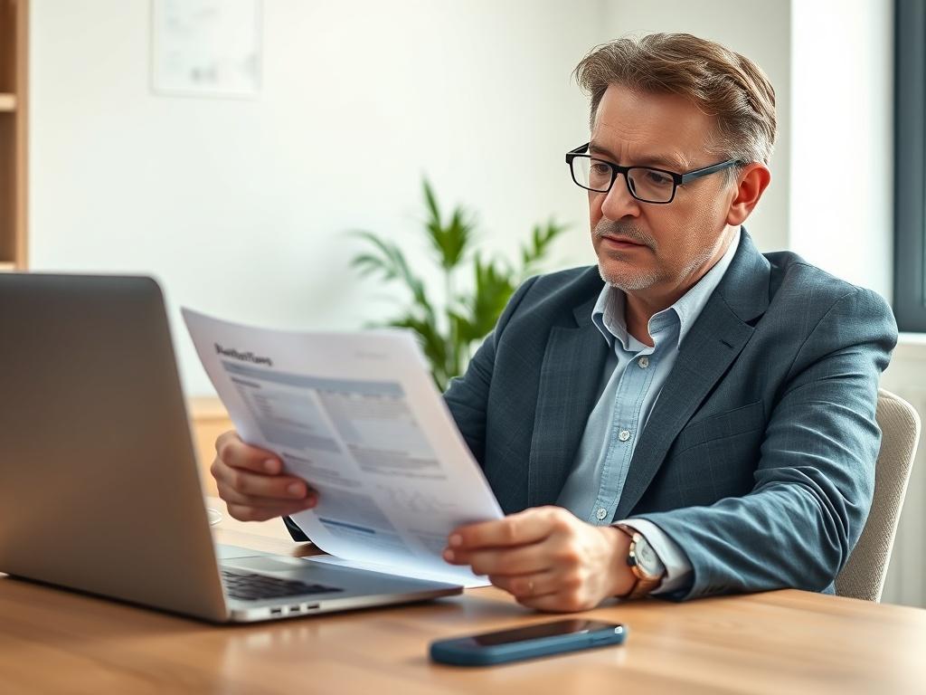 Create a hyper-realistic, high-resolution close-up shot of a person confidently reviewing a loan document in a bright, well-lit office environment. The subject should be a middle-aged individual with a focused expression, dressed in business casual attire, sitting at a modern wooden desk. The desk should be neatly organized, with a laptop open beside the loan document, and a small plant in the background for a touch of greenery. The background should have soft, neutral tones to ensure the subject stands out
